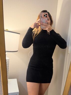 SHEIN Black Ribbed High-Neck Long-Sleeve Mini Dress